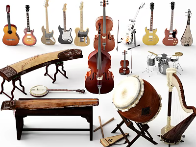 Assorted Musical Instruments Collection Featuring Guitars Cellos Violins Drums and Traditional Chinese Instruments 3d model