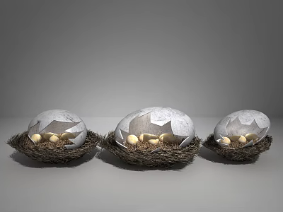 Three Decorative Eggs in Woven Nests with Gray White Shells and Gold Stars Inside 3d model