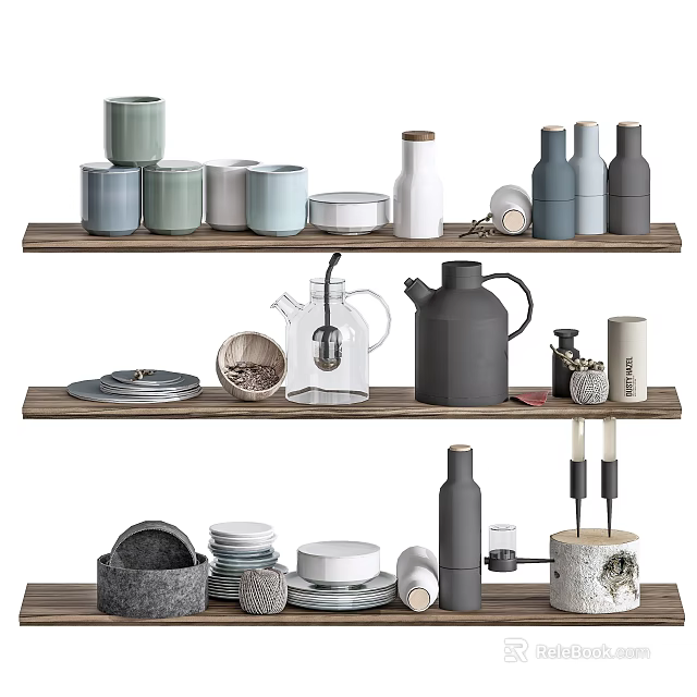Minimalist Modern Kitchen Shelves With Mugs Jars Kettles Plates And Bowls 3d model 