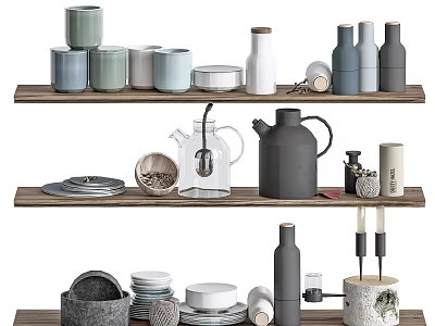 Minimalist Modern Kitchen Shelves With Mugs Jars Kettles Plates And Bowls 3d model