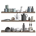 Minimalist Modern Kitchen Shelves With Mugs Jars Kettles Plates And Bowls