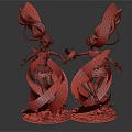 Two Female Characters With White Long Hair Red Yellow Dresses Flowing Ribbons Holding Items On Black Bases