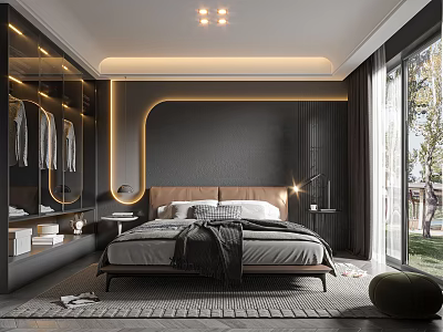 Modern Bedroom Interior Design With Dark Walls Bedhead Lighting Large Windows And Mirrored Wardrobe 3d model