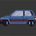 Pixel Art Blue Retro Car With Colorful Stripes And White Wheels