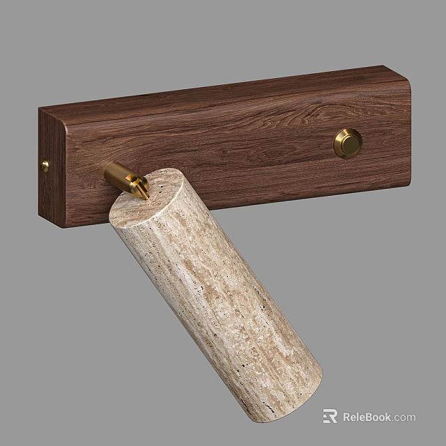 Dark Brown Wooden Wall Light With Gold Metal Accents And Cylindrical Light Beige Stone Shade 3d model 