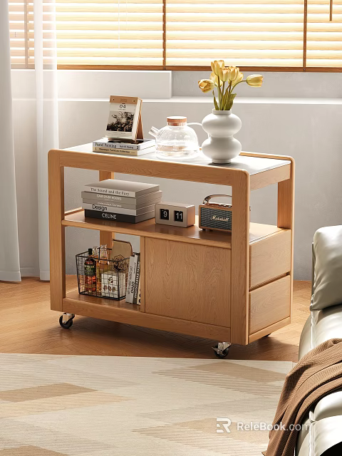 Wooden Storage Cart with Wheels for Teapot Vase Magazines Books Small Boxes in Living Room 3d model 