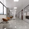 Modern Office Interior Featuring Wooden Desk Office Chairs Glass Door Bookcase And City View Windows