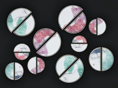Abstract Paintings with Circular Divided Design in Green Pink White on Black Background 3d model