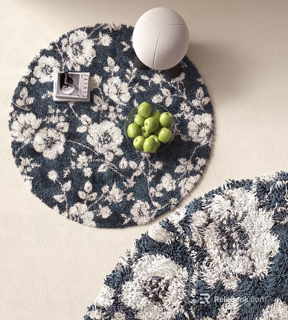 Plush Round Rug With Dark Blue White Floral Pattern Glass Bowl Green Apples And Open Magazine 3d model 