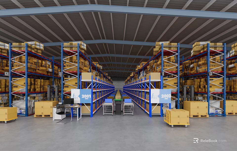 Organized Warehouse Storage Space With Blue Metal Racks Stacked Cartons And Carts 3d model 