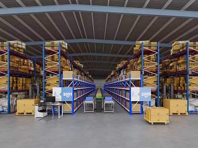 Organized Warehouse Storage Space With Blue Metal Racks Stacked Cartons And Carts 3d model