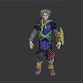 Orange Haired Fantasy Character In Patterned Purple Blue Outfit With Mechanical Arm Device
