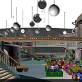 Indoor Playground With Hanging Spherical Lights Colorful Structures Slide Green Plants And Decorative Elements