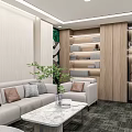 Modern Office Interior With Sofa Marble Coffee Table Wooden Bookshelves And Green Plant