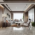 Modern Living and Dining Room Interior With Sofa Dining Table Chandelier And Decorative Painting