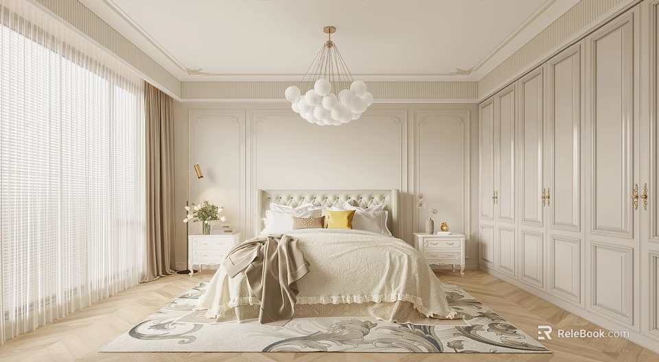Elegant Light Colored Bedroom With Upholstered Headboard Globe Chandelier And Decorative Rug 3d model 