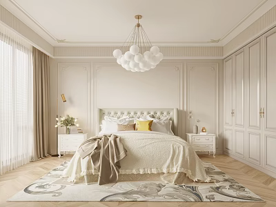 Elegant Light Colored Bedroom With Upholstered Headboard Globe Chandelier And Decorative Rug 3d model