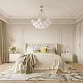 Elegant Light Colored Bedroom With Upholstered Headboard Globe Chandelier And Decorative Rug