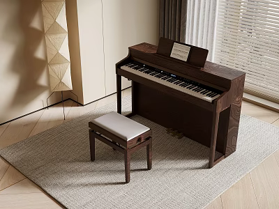 Brown Piano With Matching Stool Music Sheet And Geometric Decor By Window On Rug 3d model