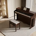 Brown Piano With Matching Stool Music Sheet And Geometric Decor By Window On Rug