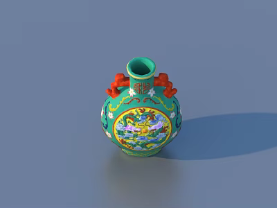 Green Ceramic Vase With Red Decorative Handles And Colorful Traditional Patterns 3d model