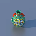 Green Ceramic Vase With Red Decorative Handles And Colorful Traditional Patterns