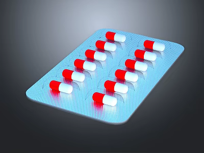 Medical Device Blister Pack With Red And White Capsules In Blue Packaging Arranged Neatly 3d model