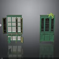 Green Glass Door Display Cabinets With Open And Closed Designs And Top Plant Decoration