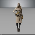 Stylish Woman In Beige Trench Coat With Yellow Gloves Standing Against Gray Background