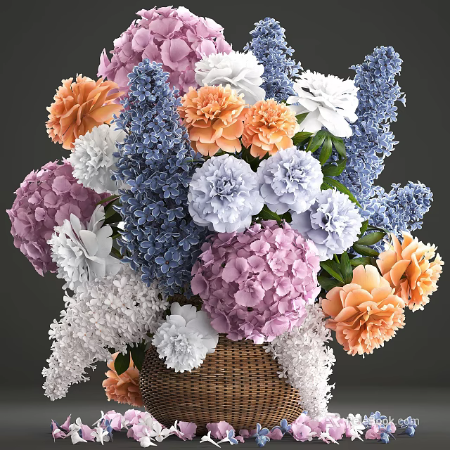 Colorful Flower Arrangement in Basket Vase with Purple Orange White Blue Hydrangeas and Peonies 3d model 