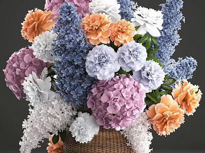 Colorful Flower Arrangement in Basket Vase with Purple Orange White Blue Hydrangeas and Peonies 3d model