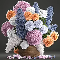 Colorful Flower Arrangement in Basket Vase with Purple Orange White Blue Hydrangeas and Peonies