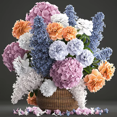 Colorful Flower Arrangement in Basket Vase with Purple Orange White Blue Hydrangeas and Peonies 3d model