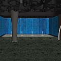 Elegant SPA Sauna Interior With Blue Water Wall Black Ceiling Decor And Silver Pillars