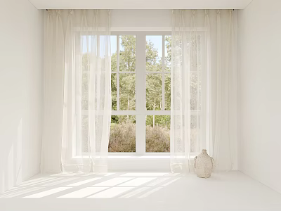 White Sheer Curtains For Window In Bright Minimalist Room With Green Trees And Grass Outside 3d model