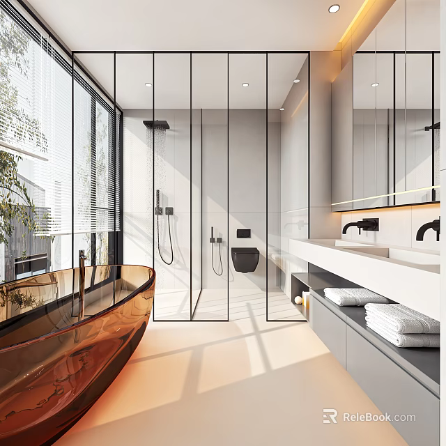 Modern Bathroom Interior With Golden Bathtub Glass Shower And Double Sink Vanity 3d model 