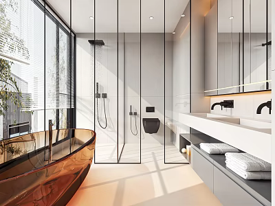 Modern Bathroom Interior With Golden Bathtub Glass Shower And Double Sink Vanity 3d model