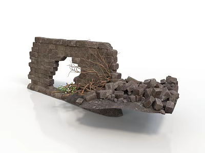 Modern Scene Of Collapsed Brick Wall With Gap Growing Greenery And Scattered Bricks 3d model