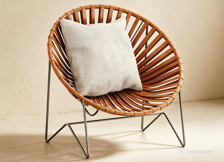Modern Woven Round Leisure Chair With Sleek Metal Legs And Cozy Soft Beige Cushion 3d model 