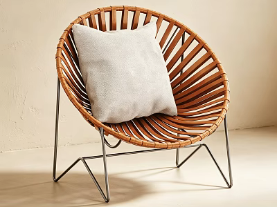 Modern Woven Round Leisure Chair With Sleek Metal Legs And Cozy Soft Beige Cushion 3d model