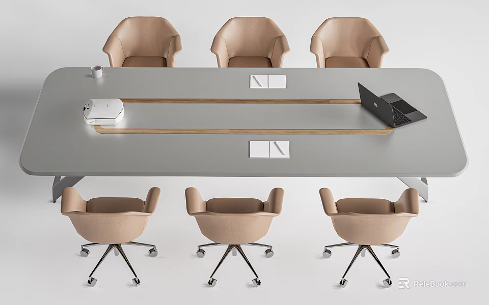 Modern Conference Table With Gray Top Wooden Strip Beige Rolling Chairs And Laptop 3d model 