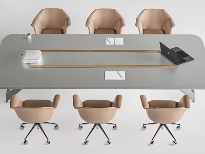 Modern Conference Table With Gray Top Wooden Strip Beige Rolling Chairs And Laptop 3d model