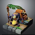 Purple Creature Character Sitting On Stone Slabs With Green Leaf Grass And Backpack Hut