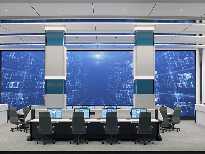 Modern High Tech Control Room With Large Monitoring Screens Workstations And Office Chairs 3d model