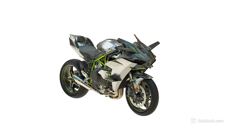 Modern Futuristic Motorcycle With Sleek Silver Body Green Accents Sporty Design And Alloy Wheels 3d model 