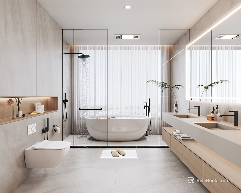 Modern Bathroom Interior With Glass Shower Freestanding Bathtub Double Vanity Wooden Cabinets And Plants 3d model 