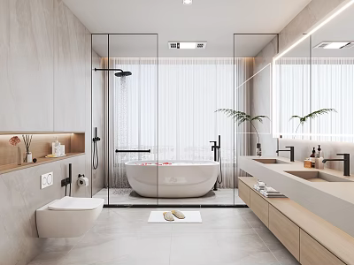 Modern Bathroom Interior With Glass Shower Freestanding Bathtub Double Vanity Wooden Cabinets And Plants 3d model