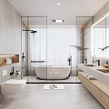 Modern Bathroom Interior With Glass Shower Freestanding Bathtub Double Vanity Wooden Cabinets And Plants