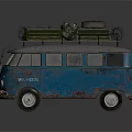 Blue Volkswagen Vintage Van With Roof Luggage Rack Mattress And Tire