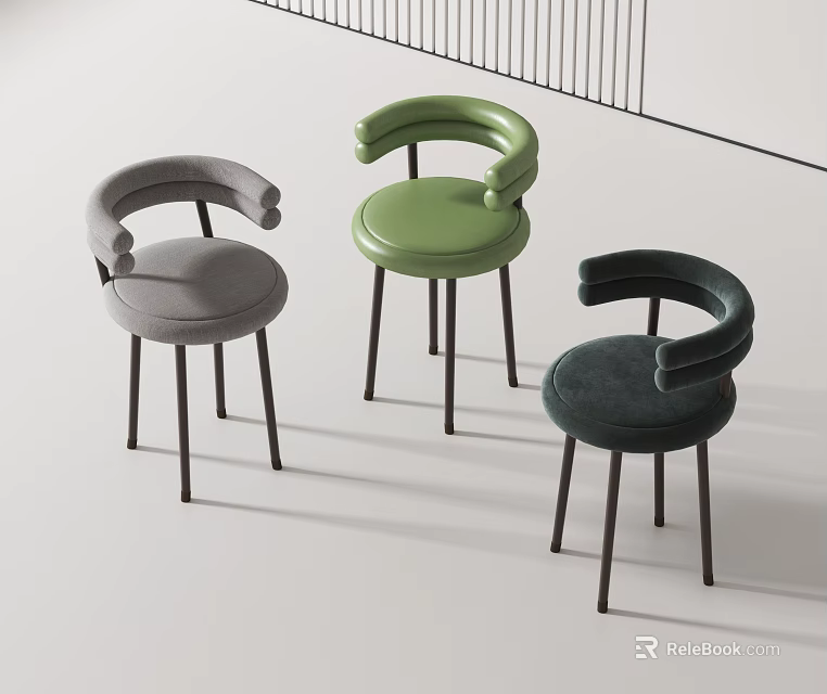 Three Modern Upholstered Bar Stools With Curved Backrest And Sleek Metal Legs 3d model 